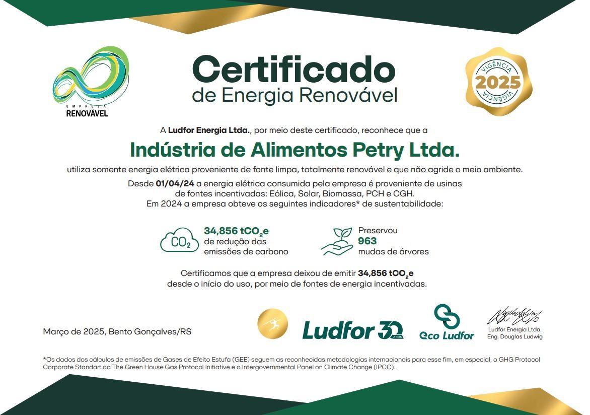 iA Petry recebe o Certificado de Energia Renovável pela Ludfor Energia